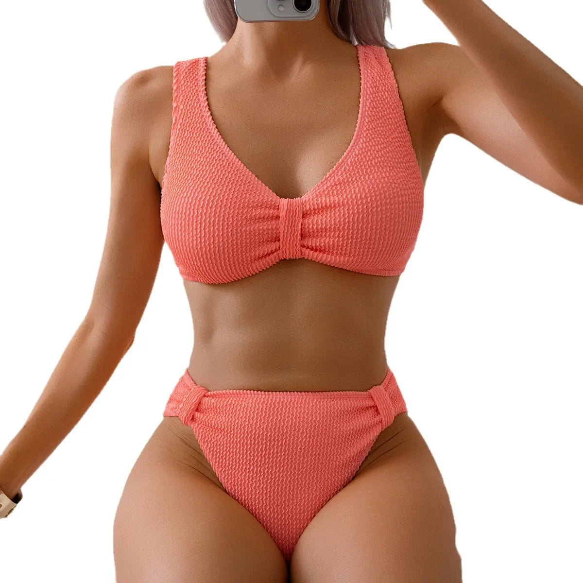 Nuevo traje de baño de dos piezas de bikini 2025, color puro, alta elasticidad, monocromático, ajuste cómodo, ropa de playa para mujer.