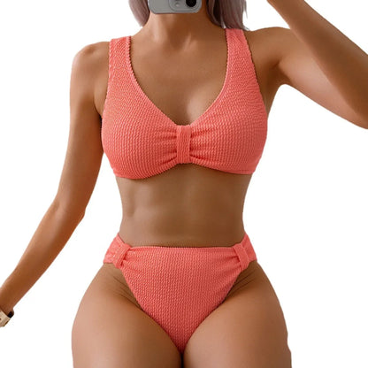 Nuevo traje de baño de dos piezas de bikini 2025, color puro, alta elasticidad, monocromático, ajuste cómodo, ropa de playa para mujer.