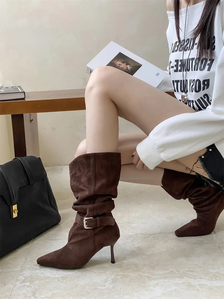 Eilyken Street Style Sexy Thin Heels Women Ankle Boots Punk Pleated Buckle Strap Booties Stripper Party Shoes Zapatos De Mujer