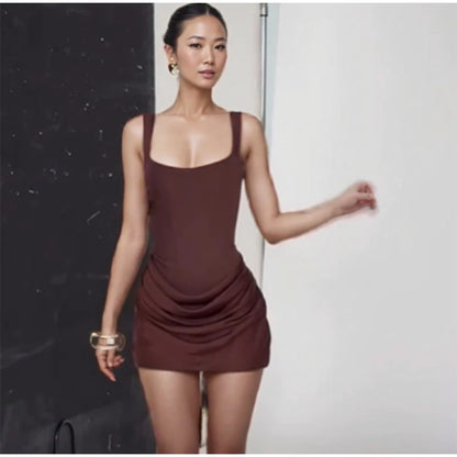 Women Coffee Pleated Sling Evening Mini Dresses Fashion Sleeveless High Waist U Neck Slim Short Dress Lady Highstreet Party Robe