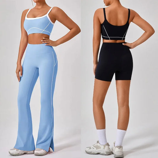 Conjunto deportivo de yoga de verano de 2 piezas con retazos y leggings de cintura alta con abertura para mujer, conjunto de entrenamiento de fitness, chándal deportivo para mujer