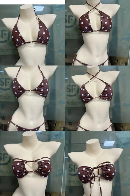 Conjunto de bikini de microbikini liso sexy de verano para mujer, traje de baño de tanga con lazo lateral, traje de baño femenino de vendaje, traje de baño brasileño, bikini