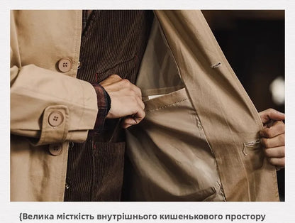 Retro American Sle Men's Long Coat Cotton Casual Faion Urban Youth Pure Color Button up Loose Fit Autumn Winter Coat