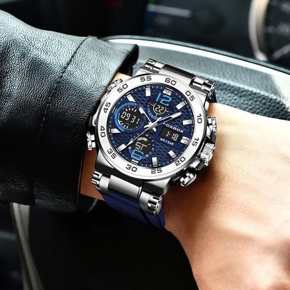 Reloj de pulsera deportivo para hombre FOXBOX Fashion Luxury Quartz, militar, impermeable, con doble pantalla, cronógrafo luminoso + CAJA