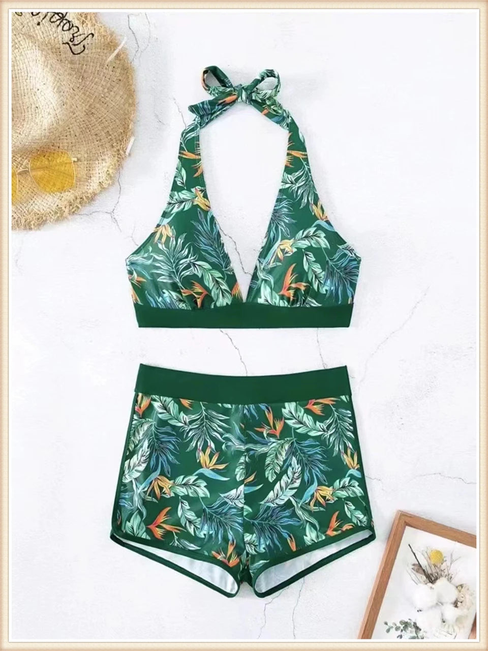 Bikini Halter 2023 para mujer, traje de baño de cintura alta, bañador sexy para mujer, traje de baño con estampado de hojas, ropa de playa de verano