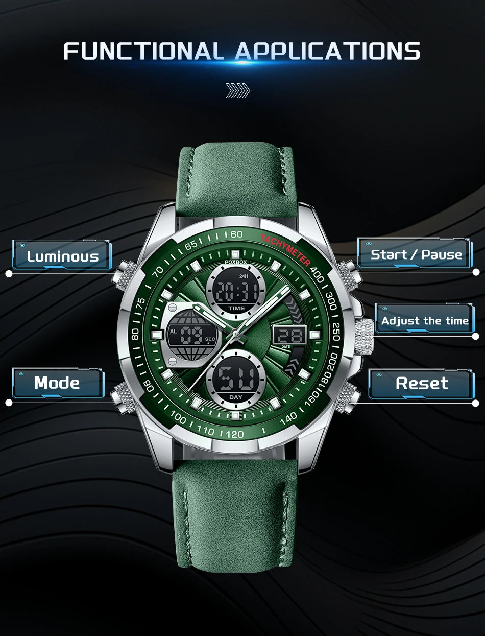 FOXBOX - Reloj de lujo para hombre, de marca superior, con alarma LED, de cuarzo, de cuero, resistente al agua, luminoso