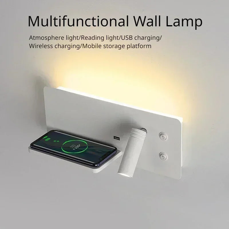 Lámpara de pared LED, luz de lectura, dormitorio, teléfono, carga inalámbrica, carga USB, luces de pared giratorias, lámpara de lado para sala de estar