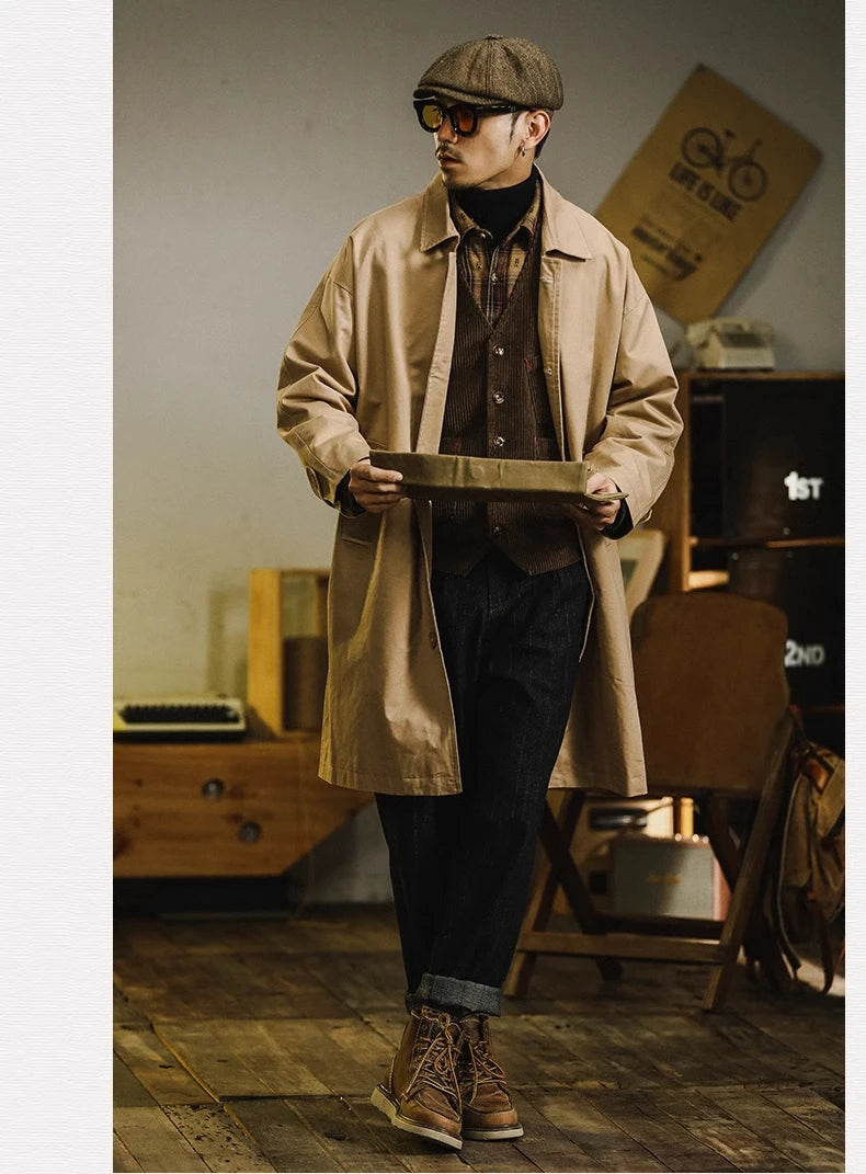 Retro American Sle Men's Long Coat Cotton Casual Faion Urban Youth Pure Color Button up Loose Fit Autumn Winter Coat