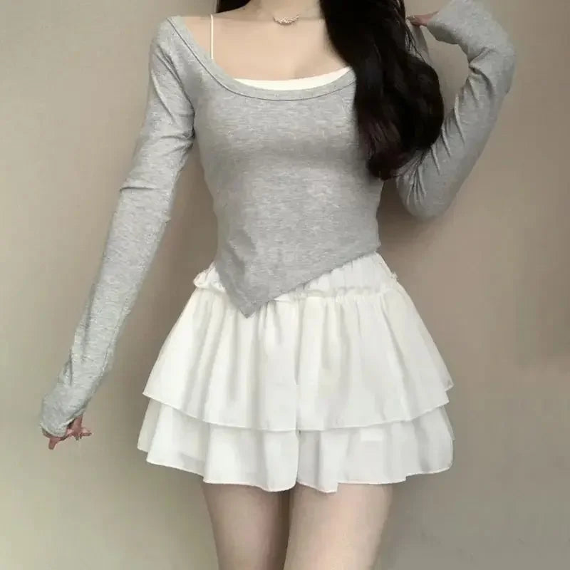 Falda blanca con volantes Kawaii de verano para mujer, minifaldas de gasa ajustadas a la moda Y2K, elásticas, de cintura alta y color negro