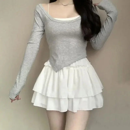 Falda blanca con volantes Kawaii de verano para mujer, minifaldas de gasa ajustadas a la moda Y2K, elásticas, de cintura alta y color negro
