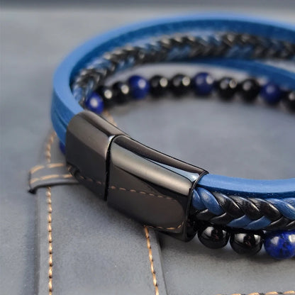 Pulseras de cuentas punk para hombre, estilo clásico, de lapislázuli azul, multicapa, de cuero, joyería, regalo, 2025