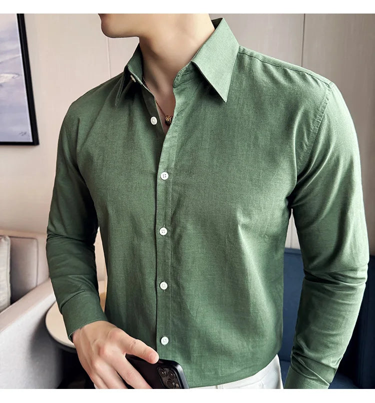 Camisa de hombre de color liso de alta calidad, 55 % algodón y 45 % lino, transpirable y con absorción de sudor, de manga larga. Tallas M-4XL.