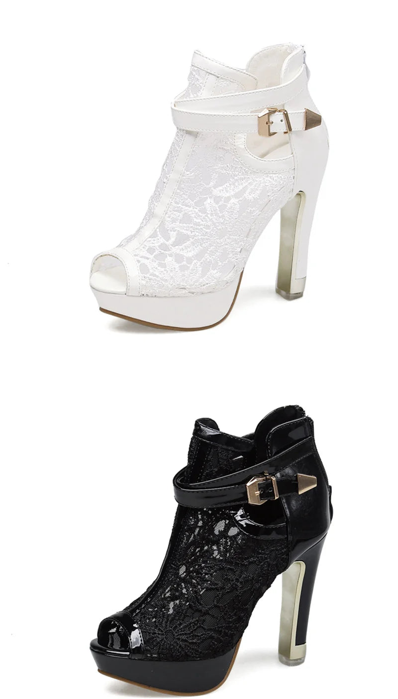 Hlieny Otoño Sexy Tela de Malla Plataforma Tacones Altos Botas Sandalias Mujer Peep Toe Club Nocturno Fiesta Stiletto Zapatos Femeninos