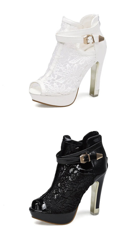 Hlieny Otoño Sexy Tela de Malla Plataforma Tacones Altos Botas Sandalias Mujer Peep Toe Club Nocturno Fiesta Stiletto Zapatos Femeninos