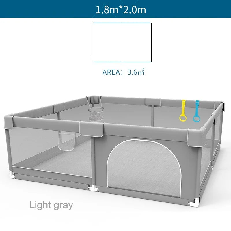Corralito para bebés IMBABY gris claro con anilla de tiro, barrera de seguridad para niños, cerca y caja de pelota para juegos.