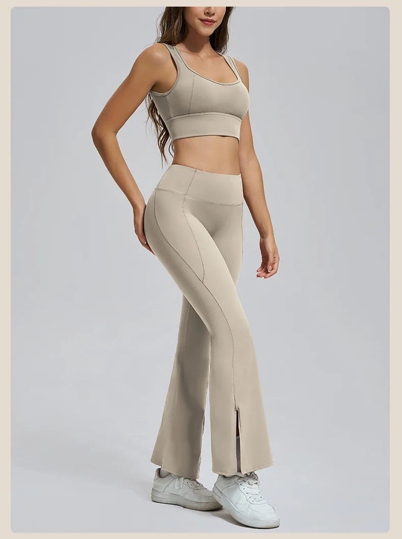Conjuntos de yoga para mujer, sujetador deportivo con espalda hueca y amortiguación, leggings de cintura alta y acampanados, ropa de gimnasio, ropa para correr y entrenar.