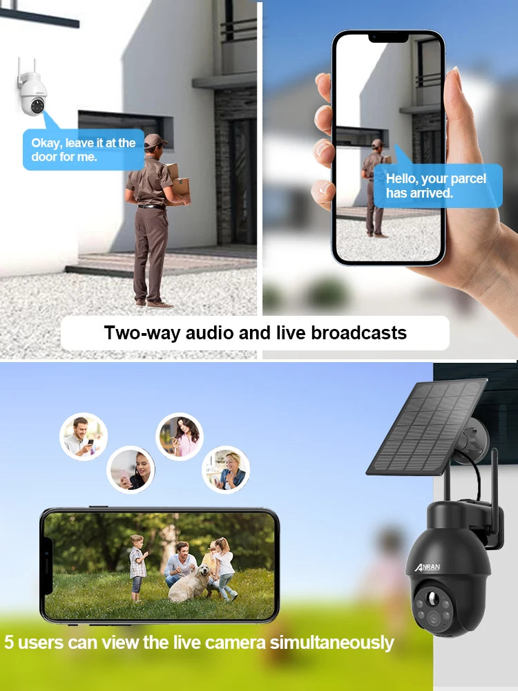 Cámara de seguridad inalámbrica solar ANRAN de 3 MP para exteriores con WiFi, audio bidireccional, resistente al agua IP66, visualización remota, flash y foco.