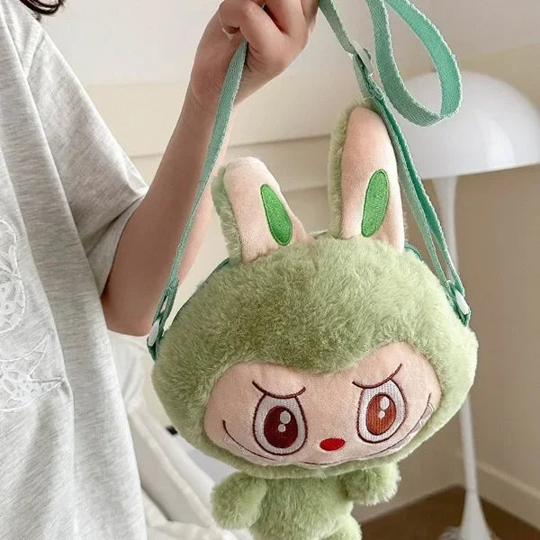 Lindo bolso bandolera de peluche con diseño de elfo de dibujos animados, de poliéster suave, con un solo hombro y cierre de cremallera.