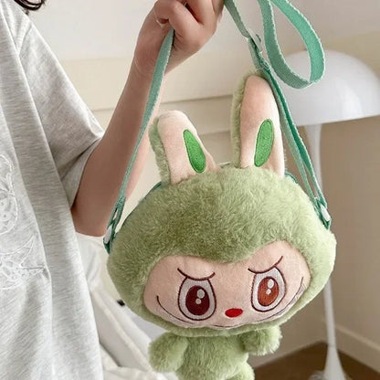 Lindo bolso bandolera de peluche con diseño de elfo de dibujos animados, de poliéster suave, con un solo hombro y cierre de cremallera.