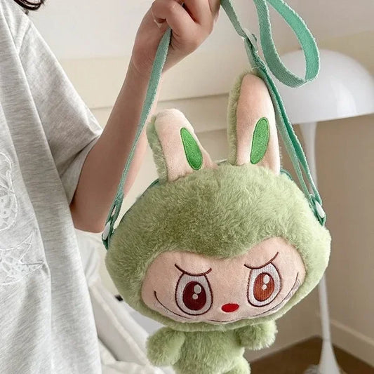Lindo bolso bandolera de peluche con diseño de elfo de dibujos animados, de poliéster suave, con un solo hombro y cierre de cremallera.