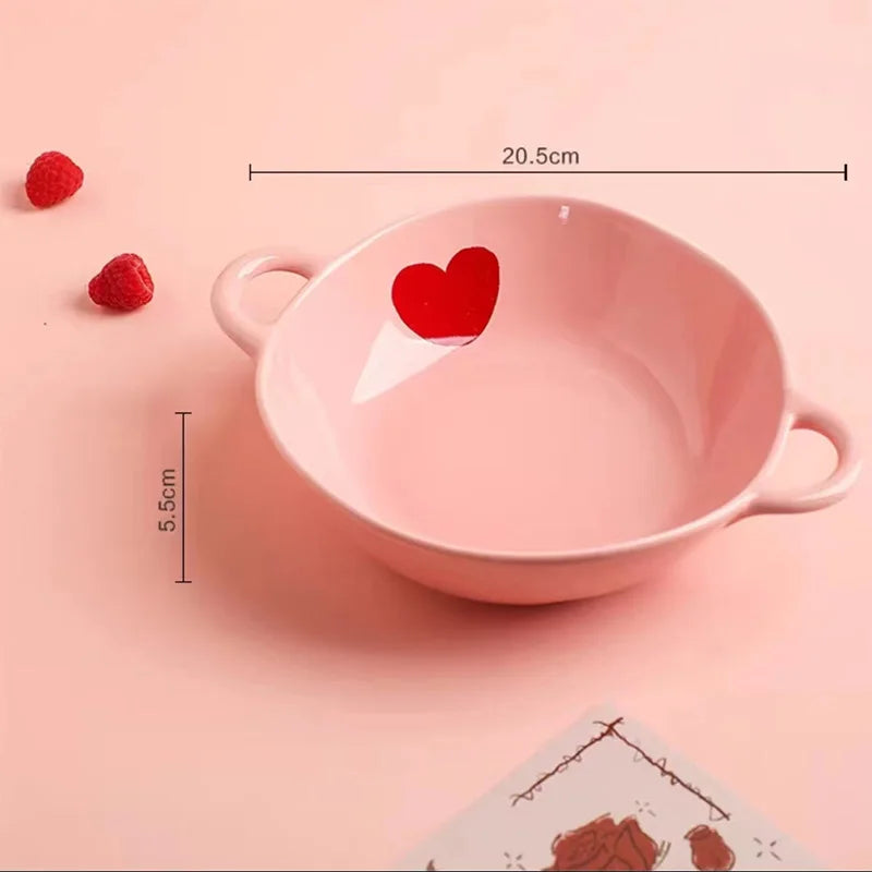 Ensaladera con diseño de corazón rosa, plato de cerámica, taza de café, tazón de postre para niños, platos de cena bonitos para el hogar, vajilla de restaurante