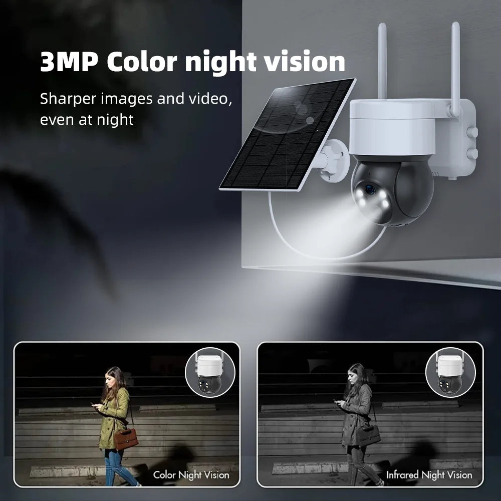 Cámara IP de seguridad inteligente Tuya SmartLife WIFI 3MP IP65 resistente al agua con seguimiento humano, visión nocturna a color y energía solar.