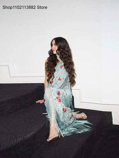 Vestidos elegantes de una pieza para mujer, sin mangas, con cuello tipo bufanda, espalda descubierta, estampado y borlas.