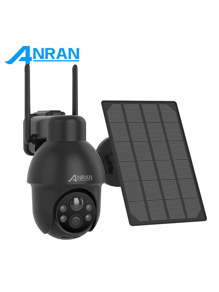 Cámara de seguridad inalámbrica solar ANRAN de 3 MP para exteriores con WiFi, audio bidireccional, resistente al agua IP66, visualización remota, flash y foco.