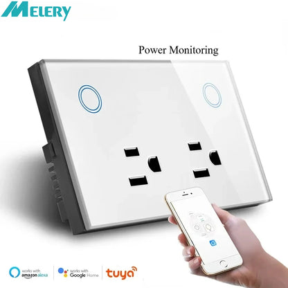 Enchufe inteligente de pared Melery WIFI Tuya (enchufe eléctrico estadounidense) con monitor de potencia, interruptor táctil, control remoto por voz mediante aplicación, compatible con Alexa y Google Home.
