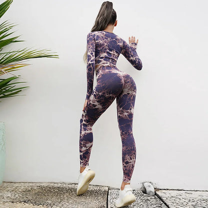 Conjunto de 2 piezas de yoga y gimnasio para mujer, con sujetador deportivo y camiseta de manga larga, leggings con cintura alta, chándal deportivo de moda para niñas.