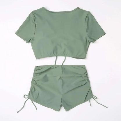 2Pcs/Set Swimsuit for Women Bikini Set V-Neck Short Sleeve Tops High Waist Drawstring Swimming Trunks Quick Drying Swimsuit