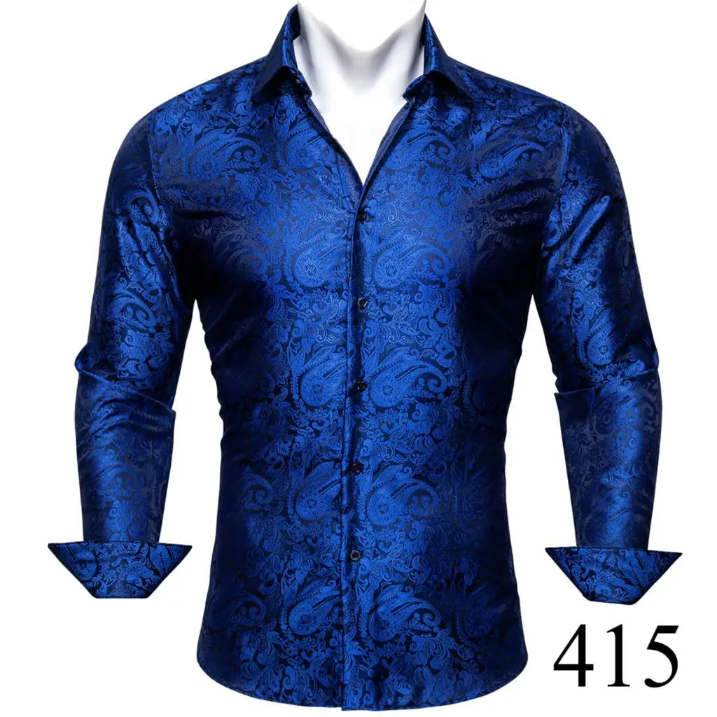 Camisas clásicas negras estampadas y bordadas para hombre, solapa de seda, manga larga, corte formal exquisito, ideales para eventos de negocios y fiestas. Barry.Wang CY-0407