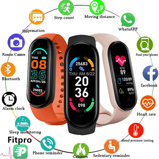 Reloj inteligente M6 para hombre y mujer, pulsera deportiva con control del ritmo cardíaco y de la presión arterial, resistente al agua y multifunción.