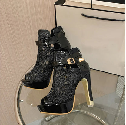 Hlieny Otoño Sexy Tela de Malla Plataforma Tacones Altos Botas Sandalias Mujer Peep Toe Club Nocturno Fiesta Stiletto Zapatos Femeninos
