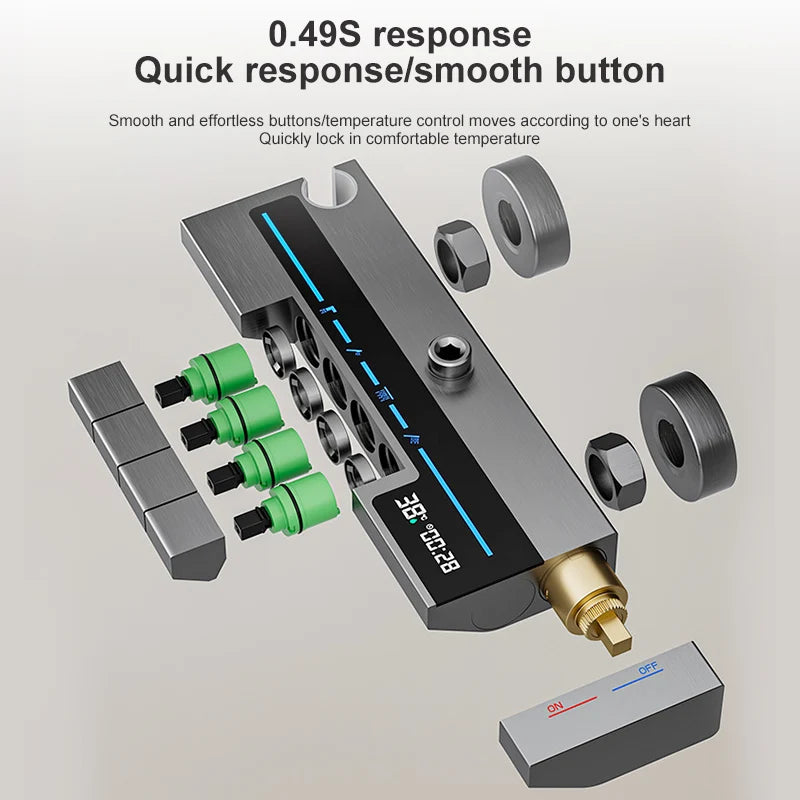 Sistema de ducha con luz ambiental y botones de piano grises, pantalla digital, grifos tipo lluvia y cabezal de ducha.
