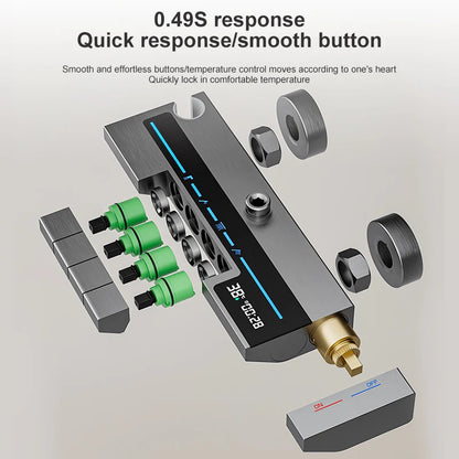 Sistema de ducha con luz ambiental y botones de piano grises, pantalla digital, grifos tipo lluvia y cabezal de ducha.
