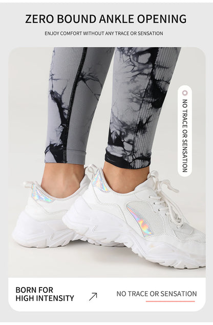 Pantalones de yoga con efecto tie-dye degradado, sin costuras, para mujer, para correr y hacer deporte, cintura alta y levantamiento de cadera, ropa de fitness elástica ajustada.
