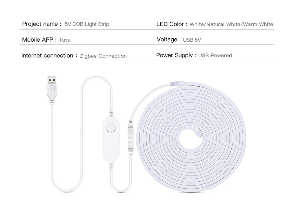 Tira LED COB inteligente ZigBee 3.0 Wifi Tuya de 5V con luz USB, cinta LED neón con regulador de intensidad, controlador LED compatible con Alexa, lámpara de armario, decoración