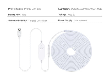 Tira LED COB inteligente ZigBee 3.0 Wifi Tuya de 5V con luz USB, cinta LED neón con regulador de intensidad, controlador LED compatible con Alexa, lámpara de armario, decoración
