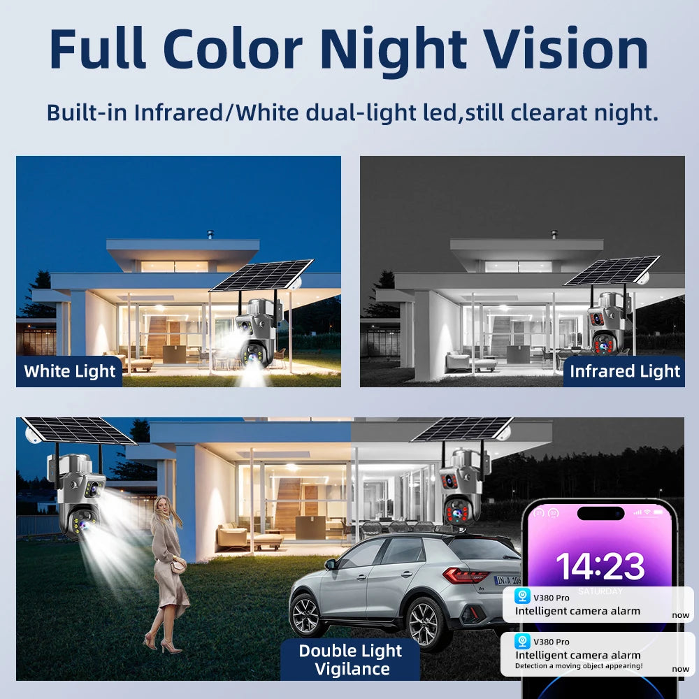 Cámara de seguridad CCTV V380 Pro 4K 8MP con 2 lentes, WiFi 4G, energía solar, visión nocturna PIR para exteriores, IP66, batería de bajo consumo.