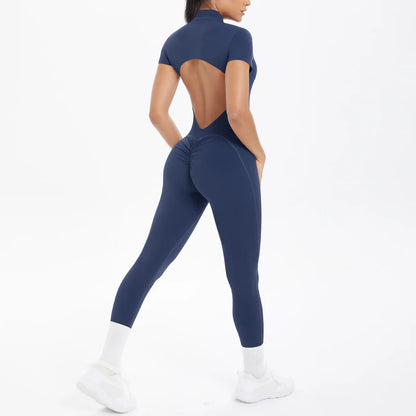 Mono deportivo de yoga sexy con cremallera frontal, espalda descubierta, manga corta, pantalones cortos, ropa deportiva para fitness, correr, gimnasio, yoga y actividades deportivas para mujer.