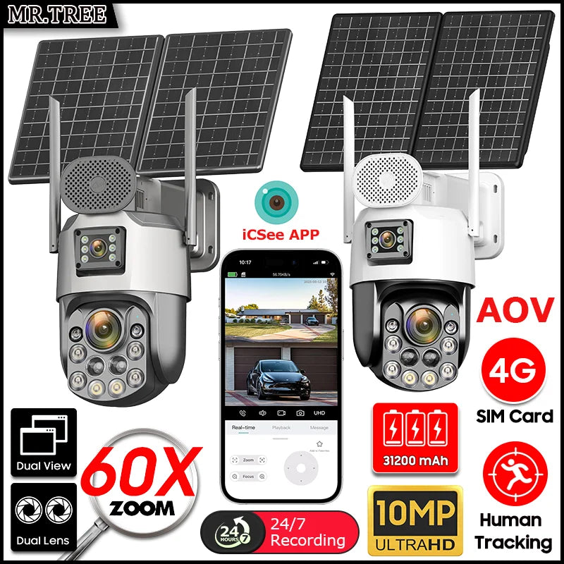 Cámara de seguridad exterior solar 4K con SIM 4G, 2 lentes/pantalla, zoom óptico 60x, seguimiento automático, PTZ 360°, videovigilancia doméstica IP.