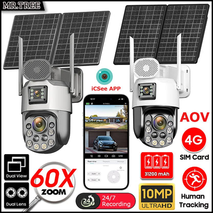 Cámara de seguridad exterior solar 4K con SIM 4G, 2 lentes/pantalla, zoom óptico 60x, seguimiento automático, PTZ 360°, videovigilancia doméstica IP.