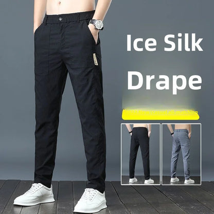 Pantalones casuales finos de verano para hombre, transpirables, de seda de hielo, elásticos, de pierna recta, holgados, de secado rápido, modernos y versátiles, largos