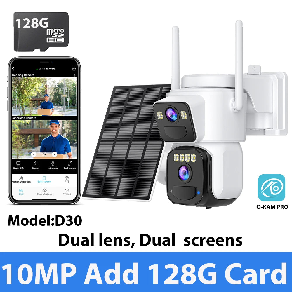 Cámara de seguridad exterior inalámbrica WiFi solar de 10 MP y 5K con doble lente, doble pantalla, seguimiento automático y zoom digital 5X. Incluye doble lente y doble pantalla.