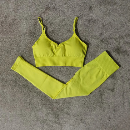 Conjunto de yoga fitness sin costuras para mujer, ropa deportiva de cintura alta, leggings, pantalones cortos de dos piezas, ropa de gimnasio para mujer
