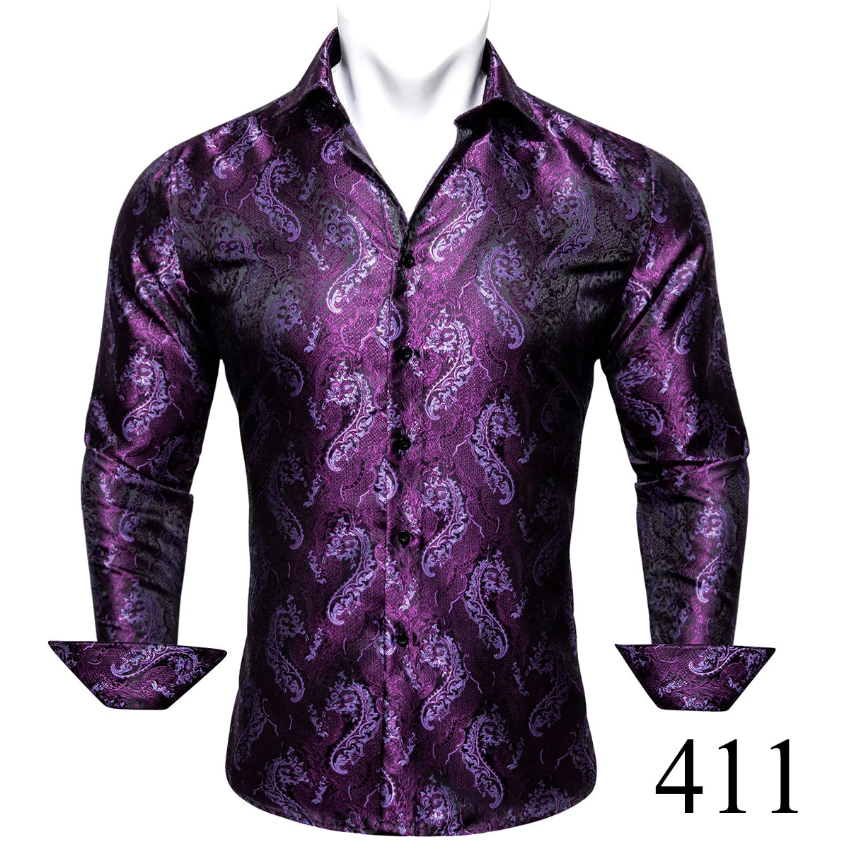 Camisas clásicas negras estampadas y bordadas para hombre, solapa de seda, manga larga, corte formal exquisito, ideales para eventos de negocios y fiestas. Barry.Wang CY-0407