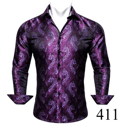 Camisas clásicas negras estampadas y bordadas para hombre, solapa de seda, manga larga, corte formal exquisito, ideales para eventos de negocios y fiestas. Barry.Wang CY-0407