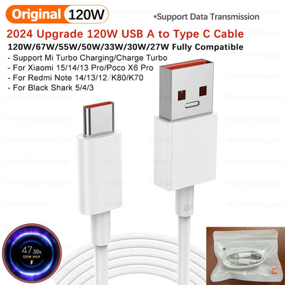 Cable de carga rápida Turbo original Xiaomi 6A 120W 67W USB Tipo C para Mi 15, 14T Ultra, Redmi Note 14, 13 Pro Plus, K80, Poco F5