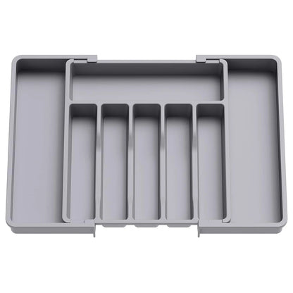 Organizador de cubiertos ajustable con divisores, bandeja de plástico para cucharas, tenedores y cuchillos.